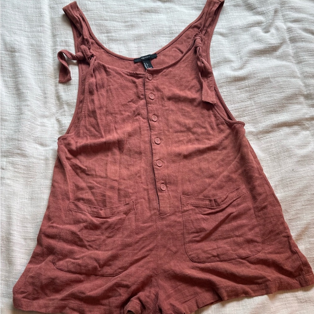 Rust Salmon Tie Front Button Down Jumper Romper Overalls